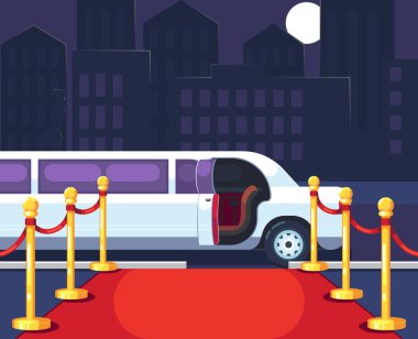 Boş kırmızı olay halı ipi bariyer ile. Lüks Sedan açılan kapı ile cityscape arka plan üzerinde binmek. Ünlü varış, VIP parti ve ünlü konuk şablonu hoş geldiniz. Düz vektör çizim