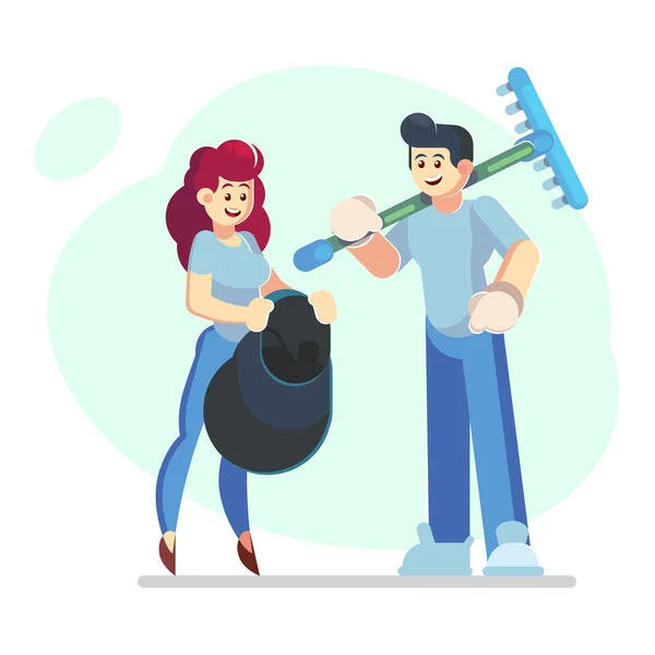 Pair of smiling male and female volunteers collecting garbage in trash bag isolated. Ecological volunteering, environment protection. Vector illustration in flat cartoon style - Vector — Stock Vector