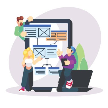 Genç programcıları büyük tablet ps telefon yeni bir projede kodlama. Genç programcı sistem admin - illüstrasyon çalışma ve programmimg becerilerini kullanarak yeni bir proje kodlama düz modern çizimi