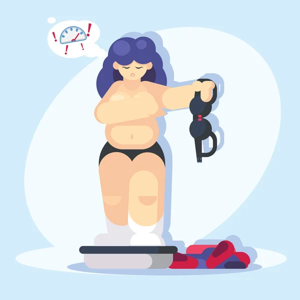 Πλήρης γυναίκα στην κλίμακα βάρους είναι αναστατωμένος με το βάρος της. Κορίτσι γδύσιμο. Επίπεδη στυλ διανυσματική εικόνα clipart. -Διάνυσμα — Διανυσματικό Αρχείο