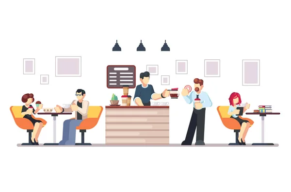 Cafe shop e persone che si rilassano. Posto moderno interno per incontrarsi, bere e mangiare, chiacchierare, riposare, godersi il tempo libero, barista fa e serve caffè per il pubblico. Illustrazione del fumetto in stile piatto vettoriale — Vettoriale Stock