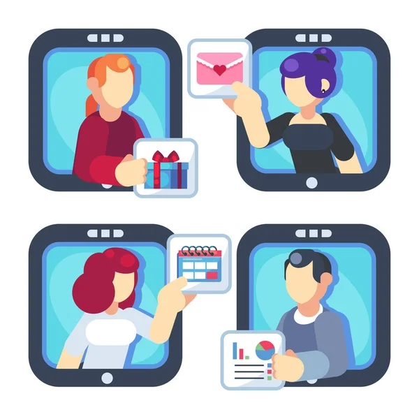 People chatting online together flat poster. Men and women changing messages gifts dating and working internet apps vector flat illustration. Social media concept — Stock Vector