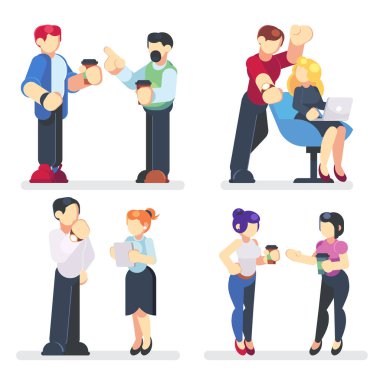İş karakter toplama. Arkadaşları, iş iletişim, ekip çalışması, iş adamları gadget'lar ile konuşuyor. Vektör karikatür düz çizimler.