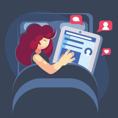 kadın ile onun smartphone yatakta uyur. Internet smartphone ya da sosyal medya bağımlılık kavramı - vektör düz çizgi film illüstrasyon