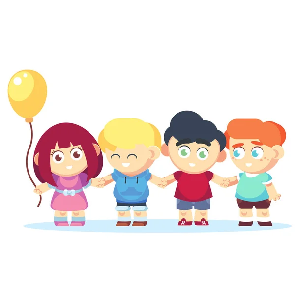 Grupo de crianças felizes de mãos dadas. Conceito de amizade flat cartoon Vector — Vetor de Stock