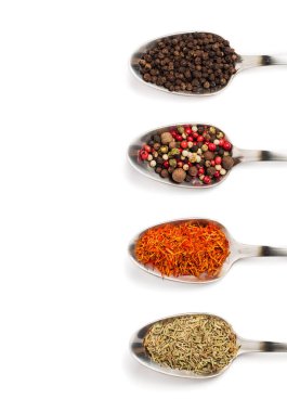 Beyaz arka plan üzerinde izole demir kaşıkları içinde farklı baharatlar. Kurutulmuş biberiye, safran üstten görüntülemek, biber. 