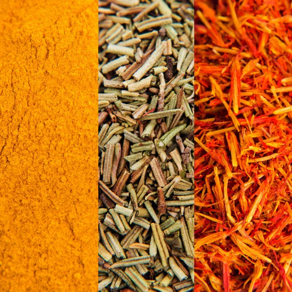 Different Spices View Top Dried Rosemary Saffron Curcuma Macro Background — Stock Photo, Image