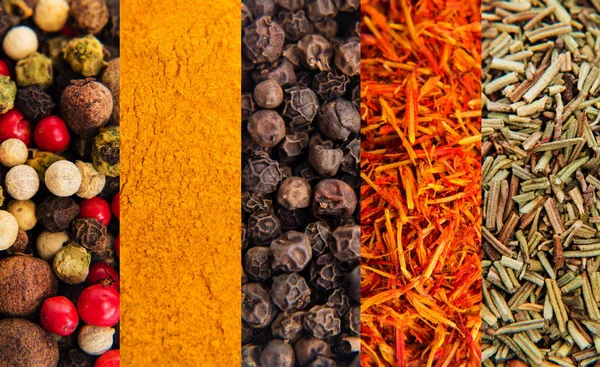 Different Spices View Top Dried Rosemary Saffron Pepper Curcuma Macro — Stock Photo, Image