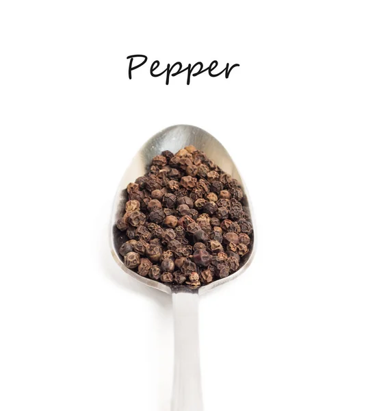 Black Pepper Iron Spoon Isolated White Background Text — Stock Photo, Image