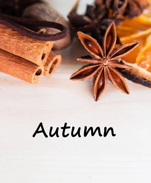 Anise Cinnamon Orange Nutmeg Ingredients Preparation Mulled Wine Closeup Wooden — Stock Photo, Image