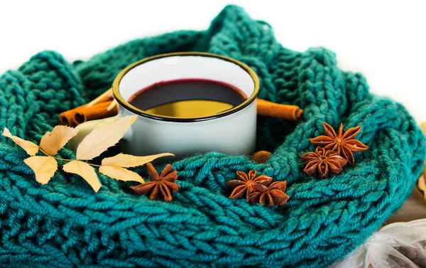 Autumn Fall Leaves Hot Steaming Cup Glint Wine Warm Blue — Stock Photo, Image