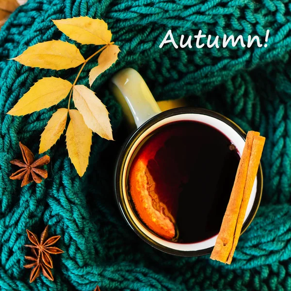 Autunno Foglie Autunnali Calda Tazza Fumante Vino Luccicante Una Calda — Foto Stock