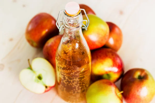 Bottle Fresh Apple Cider Half Apple Autumn Apples Wooden Background — Stock Photo, Image