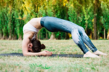 Genç kadın doğada pratik uzanan ince. Çim, dirsek köprü egzersiz germe üzerinde kalan Urdhva Dhanurasana poz. Yeşil arka plan. İyi sağlıklı ve spor kavramı.