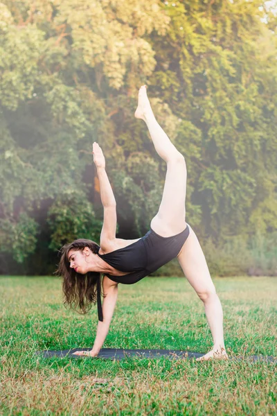 Mujer Joven Delgada Practicando Yoga Naturaleza Yoga Asana Eka Pada — Foto de Stock