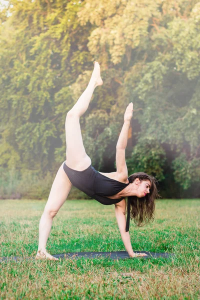 Mujer Joven Delgada Practicando Yoga Naturaleza Yoga Asana Eka Pada — Foto de Stock