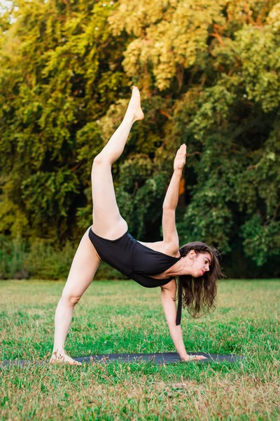 Mujer Joven Delgada Practicando Yoga Naturaleza Yoga Asana Eka Pada — Foto de Stock