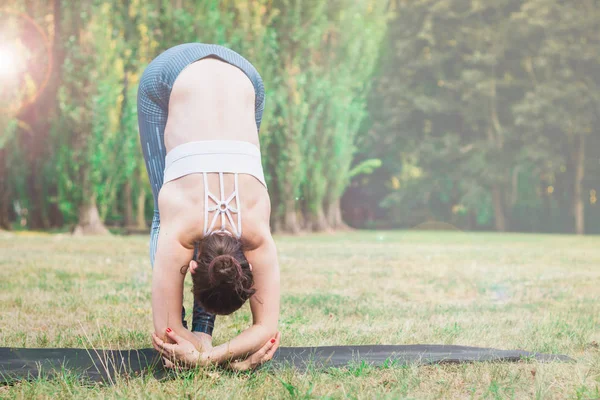 Mujer Joven Delgada Practicando Yoga Naturaleza Pie Pose Yoga Uttanasana — Foto de Stock