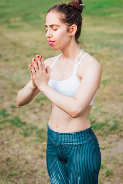 Mujer Joven Delgada Practicando Yoga Naturaleza Meditando Una Pose Yoga — Foto de Stock
