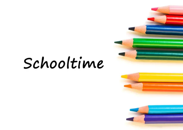 Color Pencils Isolated White Background Close View Text Schooltime — Stock Photo, Image