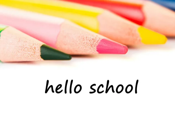 Color Pencils Isolated White Background Close View Text Hello School — Stock Photo, Image