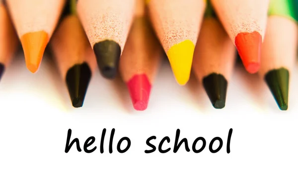 Color Pencils Isolated White Background Close View Text Hello School — Stock Photo, Image