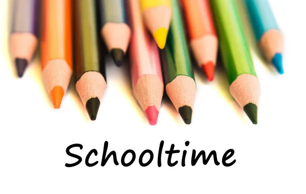 Color Pencils Isolated White Background Close View Text Schooltime — Stock Photo, Image