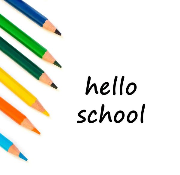 Color Pencils Isolated White Background Close View Text Hello School — Stock Photo, Image