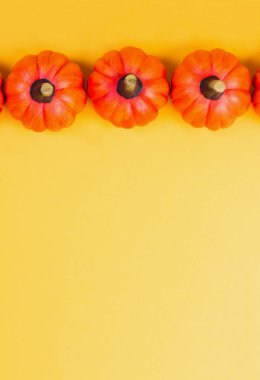 Cadılar Bayramı tatil veya sonbahar arka plan. Turuncu kabak sarı zemin üzerine. Yukarıdan görüntüleyin. Metin için yer kopyalayın.