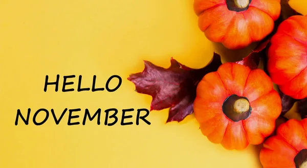 Herfst Achtergrond Oranje Pompoenen Met Rode Gedroogd Eiken Blad Gele — Stockfoto