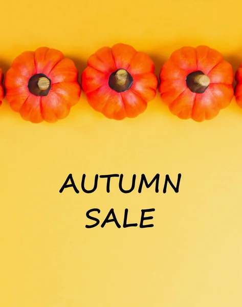 Autumn sale background. Orange pumpkins on yellow background. Text autumn sale. View from above.