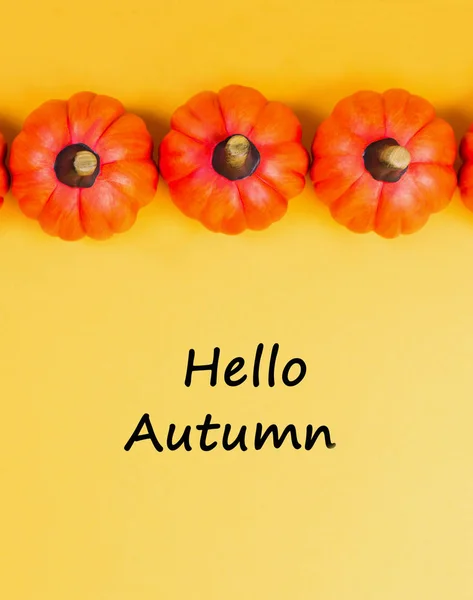 秋の背景 黄色の背景にオレンジ色のカボチャ 本文こんにちは秋 上からの眺め — ストック写真