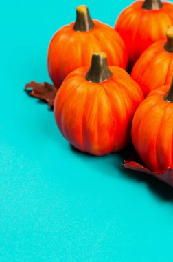 Cadılar Bayramı tatil veya sonbahar arka plan. Beş Turuncu kabak kırmızı mavi zemin üzerine meşe yaprağı kurumuş. Yukarıdan görüntüleyin. Metin için yer kopyalayın.