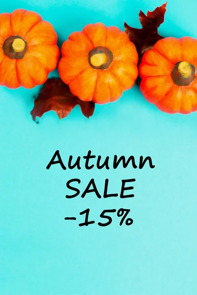 Höstens Försäljning Bakgrund Orange Pumpor Med Röda Torkade Eklöv Blå — Stockfoto