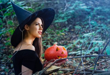 Cadılar Bayramı tatil arka plan. Halloween cadı halloween balkabağı jack o fener dekor ile karanlık bir ormanda komik surat ile. Güzel genç kadın cadı şapka ve kabak tutan kostüm.