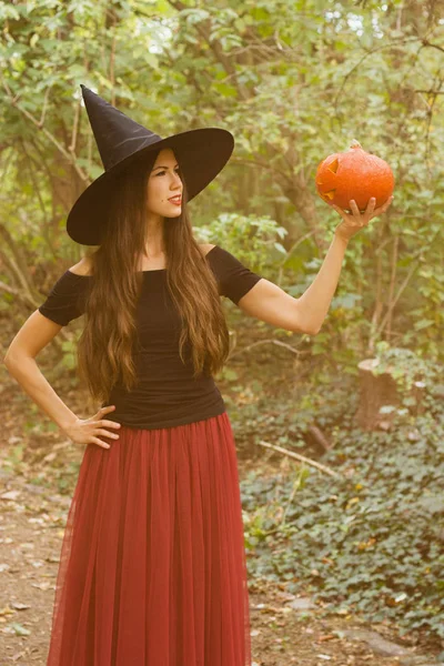 Halloween holiday background. Halloween Witch with a halloween pumpkin jack o lantern decor with funny face in a dark forest. Beautiful young woman in witches hat and costume holding pumpkin.