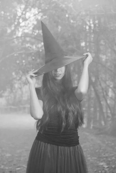 ハロウィーンの休日背景 暗い森のハロウィン魔女 魔女帽子と衣装の美しい若い女性 黒と白の写真 — ストック写真