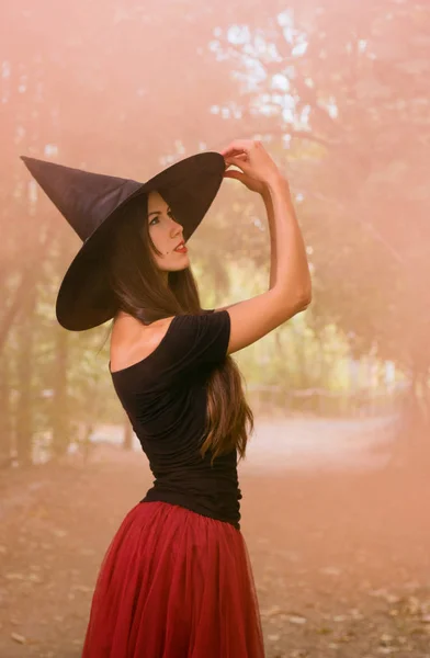 Halloween Holiday Background Halloween Witch Dark Forest Beautiful Young Woman — Stock Photo, Image