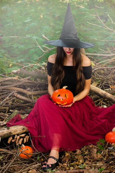 Halloween Ünnep Háttér Halloween Boszorkány Egy Halloween Sütőtök Jack Lantern — Stock Fotó