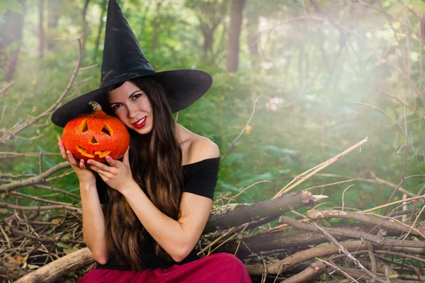 Halloween Ünnep Háttér Halloween Boszorkány Egy Halloween Sütőtök Jack Lantern — Stock Fotó