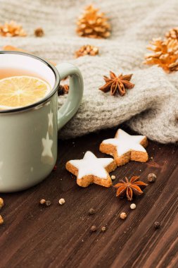 Kış ve yılbaşı tema. Noel çay baharat, çay portakal, tarçın, anason, yıldız, çam kozalakları, biber ve ahşap arka plan üzerinde gri eşarp şeklinde kurabiye ile. Metin için yer kopyalayın.