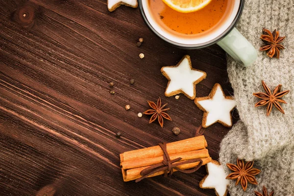 Winter Theme Christmas Tea Spices Cup Tea Orange Cinnamon Anise — Stock Photo, Image