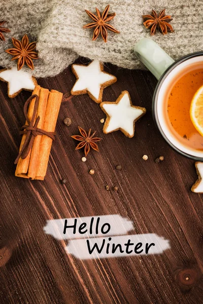 Tema Inverno Chá Quente Com Especiarias Laranja Canela Anis Biscoitos — Fotografia de Stock