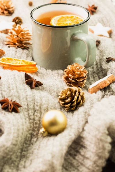Зимняя Новогодняя Тема Рождественский Чай Специями Чашка Чая Апельсином Корицей — стоковое фото