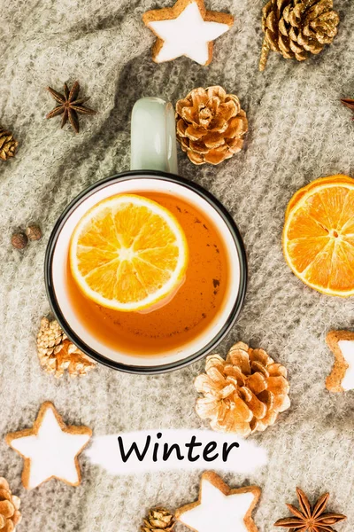 Tema Invierno Caliente Con Especias Naranja Anís Galletas Forma Estrella —  Fotos de Stock