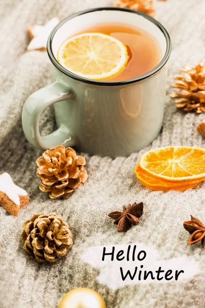 Tema Invierno Taza Caliente Con Especias Naranja Canela Anís Galletas —  Fotos de Stock