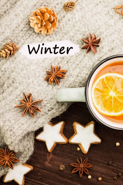 Tema Invierno Caliente Con Especias Naranja Anís Galletas Forma Estrella —  Fotos de Stock