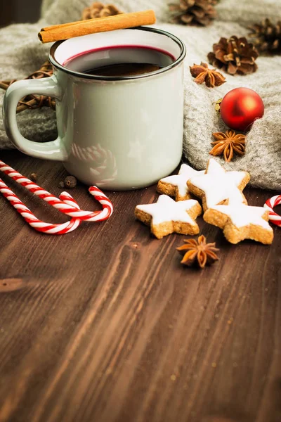 Winter New Year Theme Christmas Hot Steaming Cup Glint Wine — Stock Photo, Image