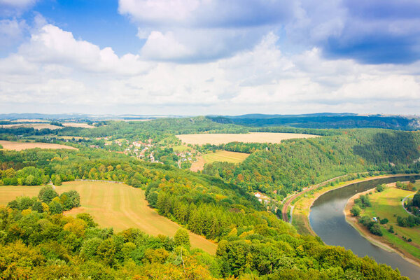 View from old Koenigstein castle down on river Elbe in Saxony, Germany