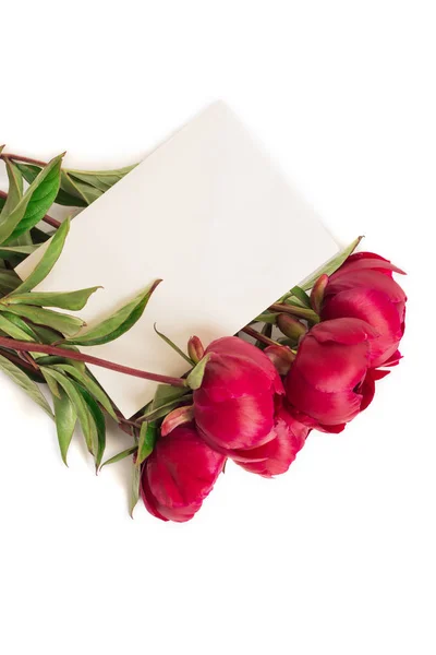 春のコンセプトです 赤パイ中間子の封筒と白い背景で隔離の花束 母の日や 月お祝いテーマの第 クローズ アップ — ストック写真